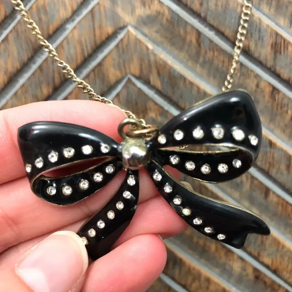Black Rhinestone Bow Long Chain Necklace